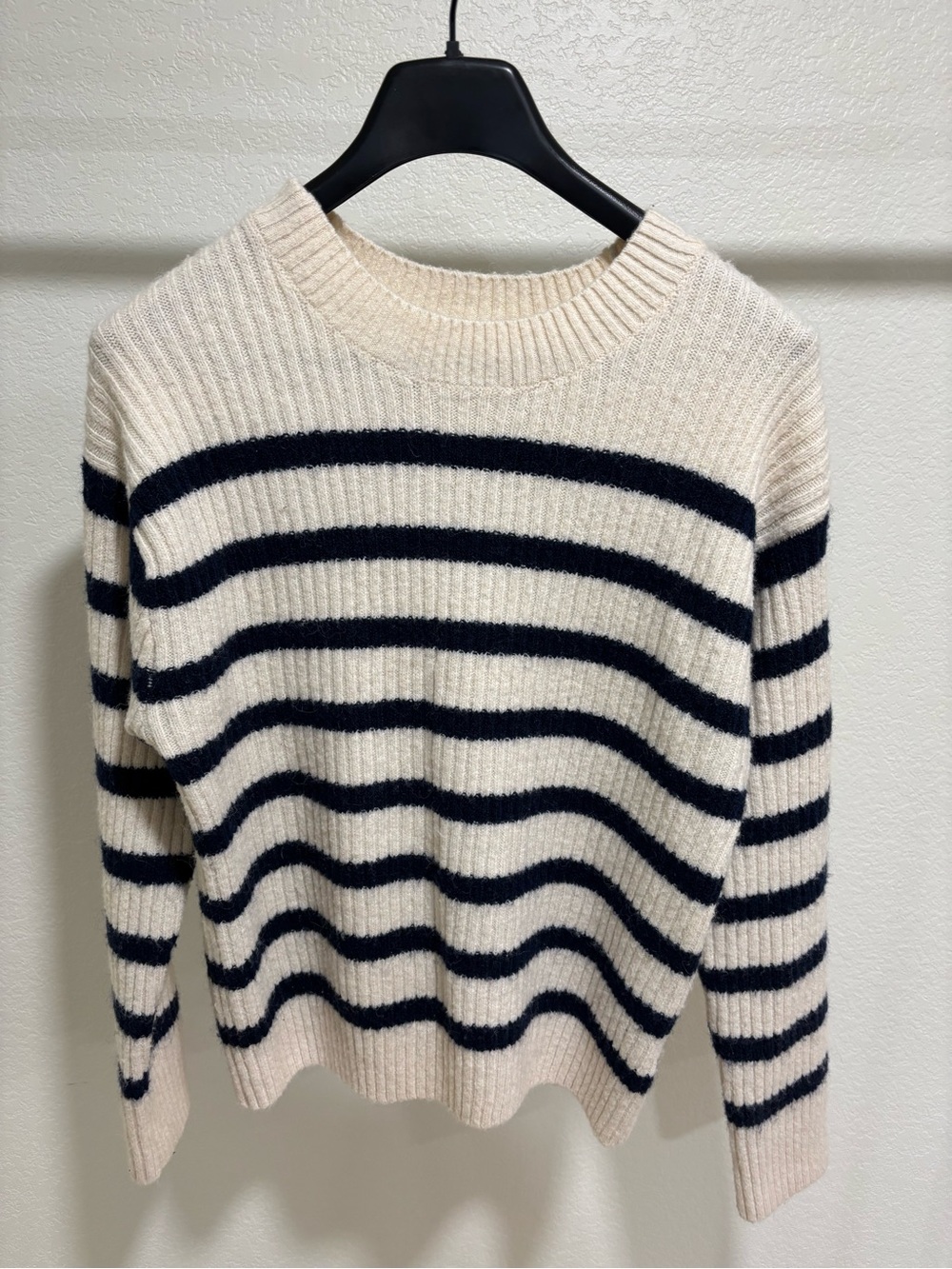 H&M Cream and Navy Striped Ribbed Crew Sweater